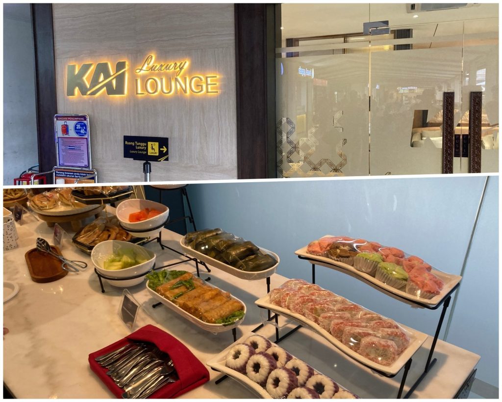 萬隆車站 KAI Luxury Lounge 貴賓室入口，以及餐檯上的印尼小點與糕點